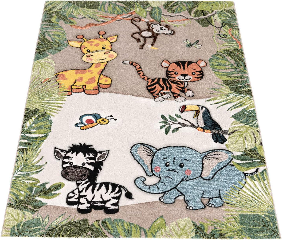 Paco Home Nursery Rug for Kids - Jungle Animals Giraffe Lion Monkey in Beige, Size:2'8" x 4'11"