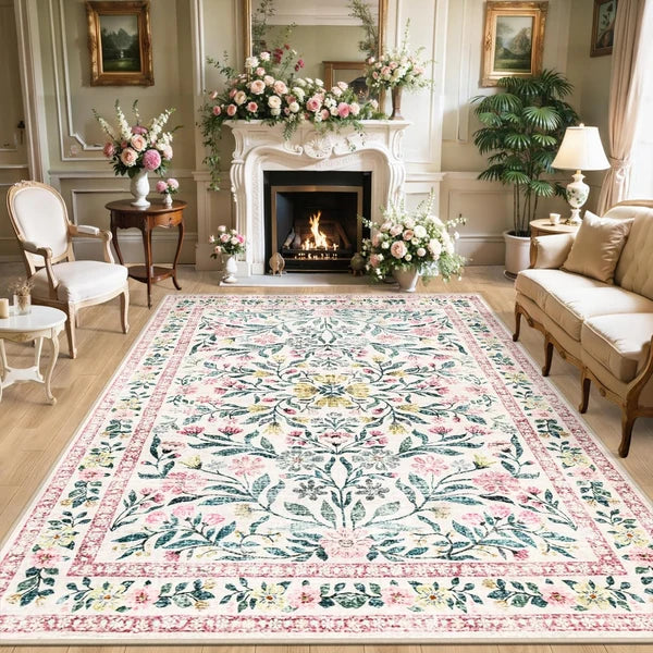 PLHXFR 8x10 Area Rug – Dark Green Vintage Floral Washable Boho Carpet