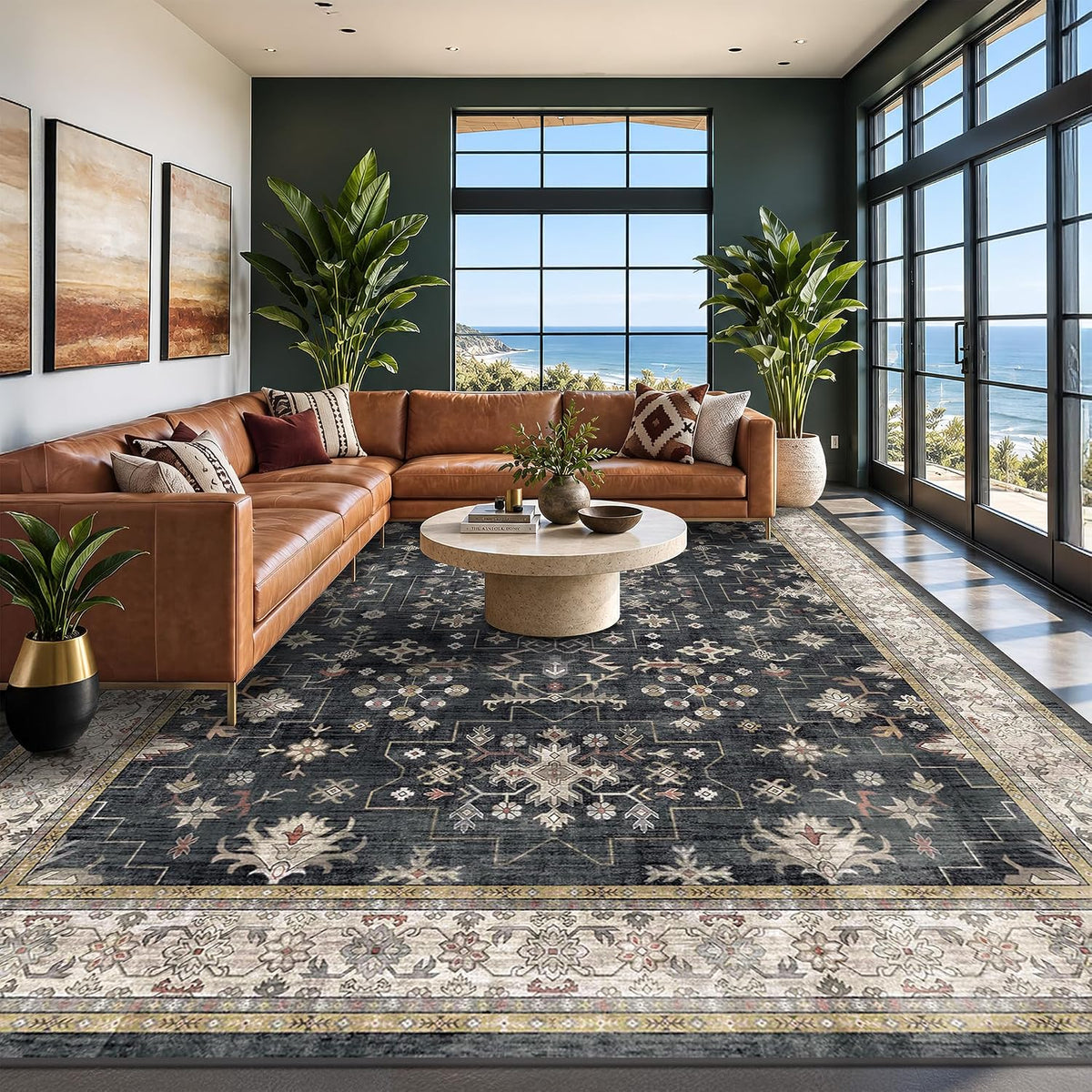 Black Farmhouse Washable 8x10 Area Rug – Large Charcoal Multi-Room Rug