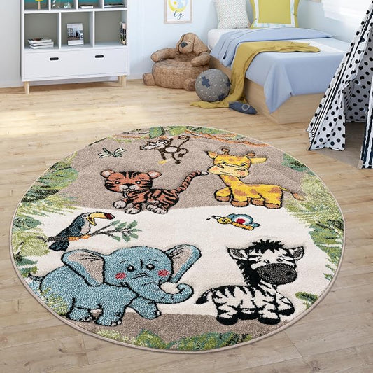 Paco Home Nursery Rug for Kids - Jungle Animals Giraffe Lion Monkey in Beige, Size:2'8" x 4'11"