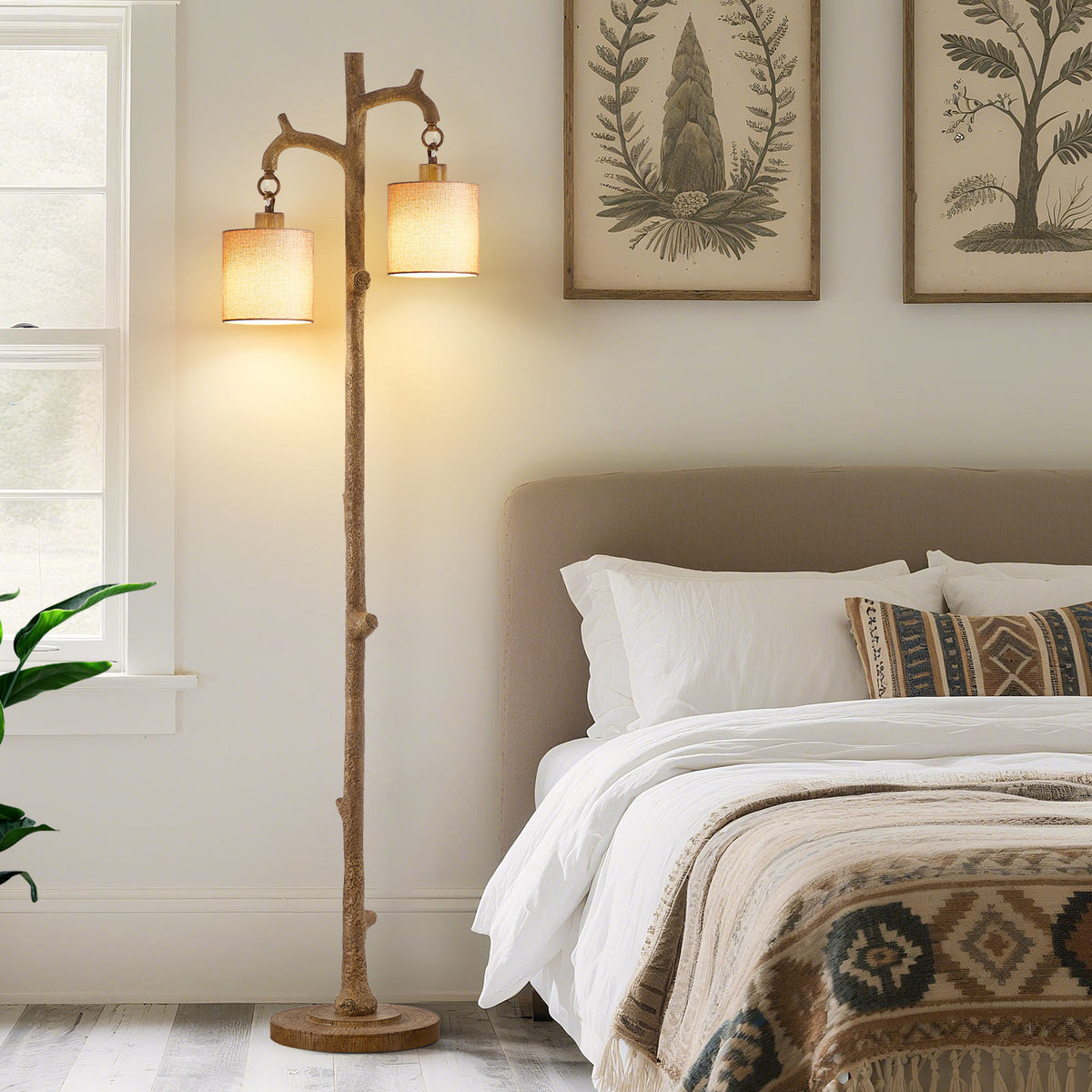 Farmhouse Linen Fabric Standing Floor Lamp – Adjustable Tripod LED Floor Light with E26 Base