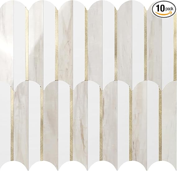 Vamos Peel and Stick Backsplash Tiles – White &amp; Beige Fish Scale PVC Mosaic (10 sheets )