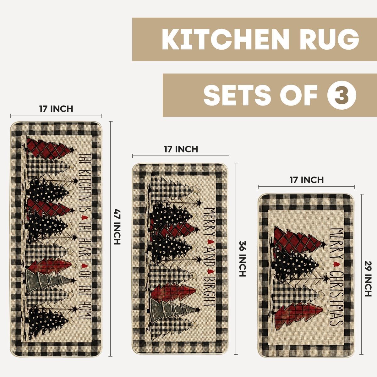 Artoid Mode Buffalo Plaid Christmas Kitchen Mats Set of 3 – Merry Christmas Winter Home Decor Rugs