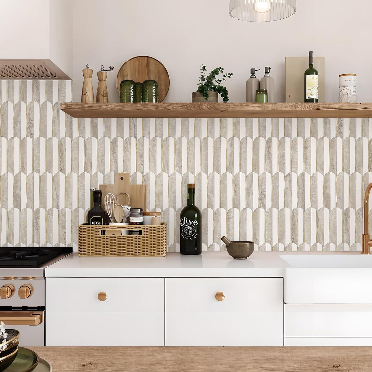 Vamos Peel and Stick Backsplash Tiles – White &amp; Beige Fish Scale PVC Mosaic (10 sheets )
