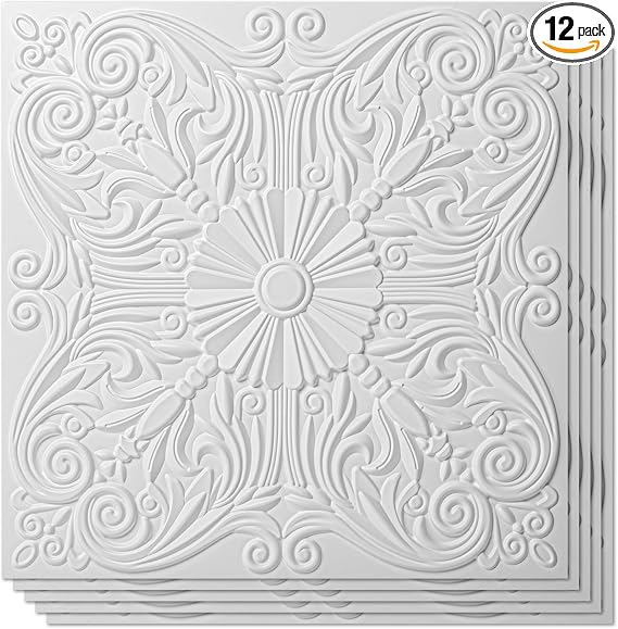 Art3d Spanish Floral Drop Ceiling Tiles, 24 x 24 in, 12-Pack, Black ( 12 pieces)