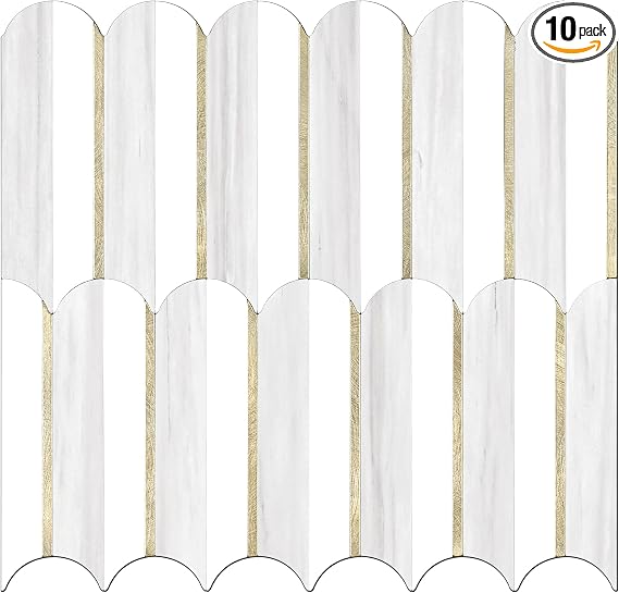 Vamos Peel and Stick Backsplash Tiles – White &amp; Beige Fish Scale PVC Mosaic (10 sheets )