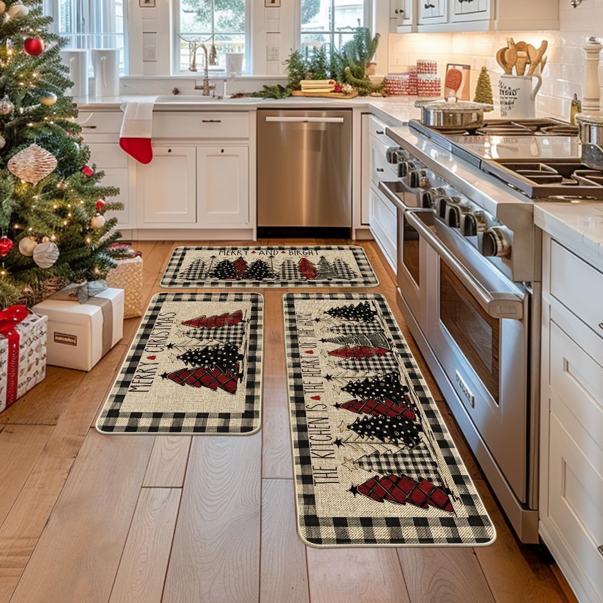 Artoid Mode Buffalo Plaid Christmas Kitchen Mats Set of 3 – Merry Christmas Winter Home Decor Rugs