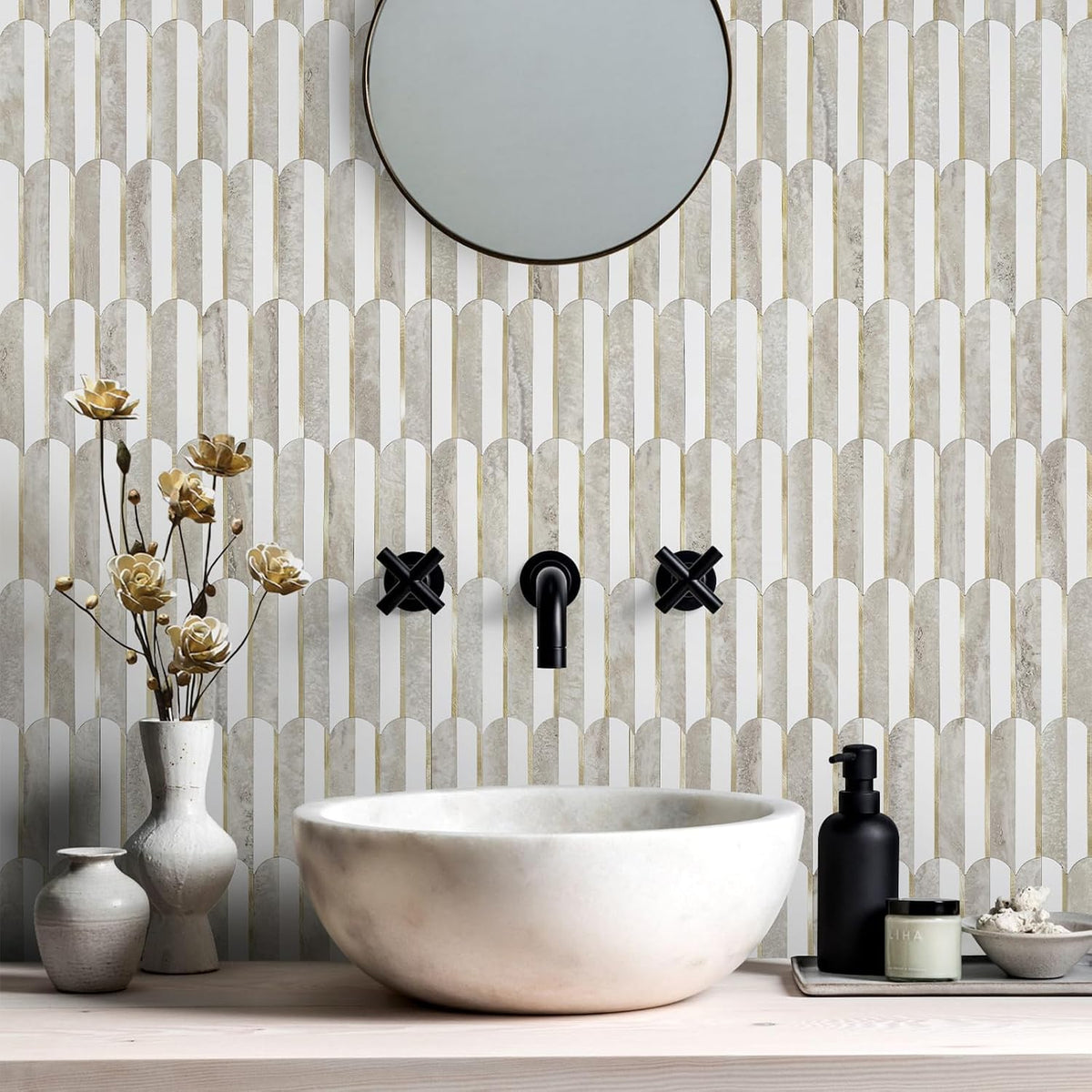 Vamos Peel and Stick Backsplash Tiles – White &amp; Beige Fish Scale PVC Mosaic (10 sheets )