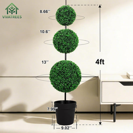 VIVATREES 48 in Artificial Triple Ball Topiary Trees with Black Planter Pot, Outdoor Indoor Realistic Faux Shrubs Plants, 4ft Fake Trees for Home Offices Porch Decor, Set of 2
