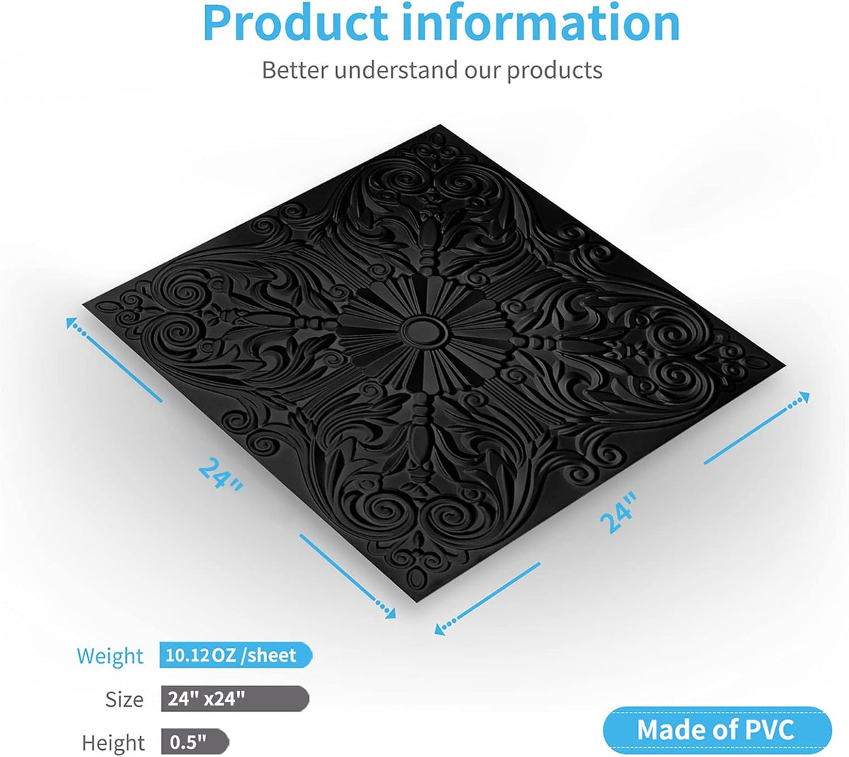 Art3d Spanish Floral Drop Ceiling Tiles, 24 x 24 in, 12-Pack, Black ( 12 pieces)