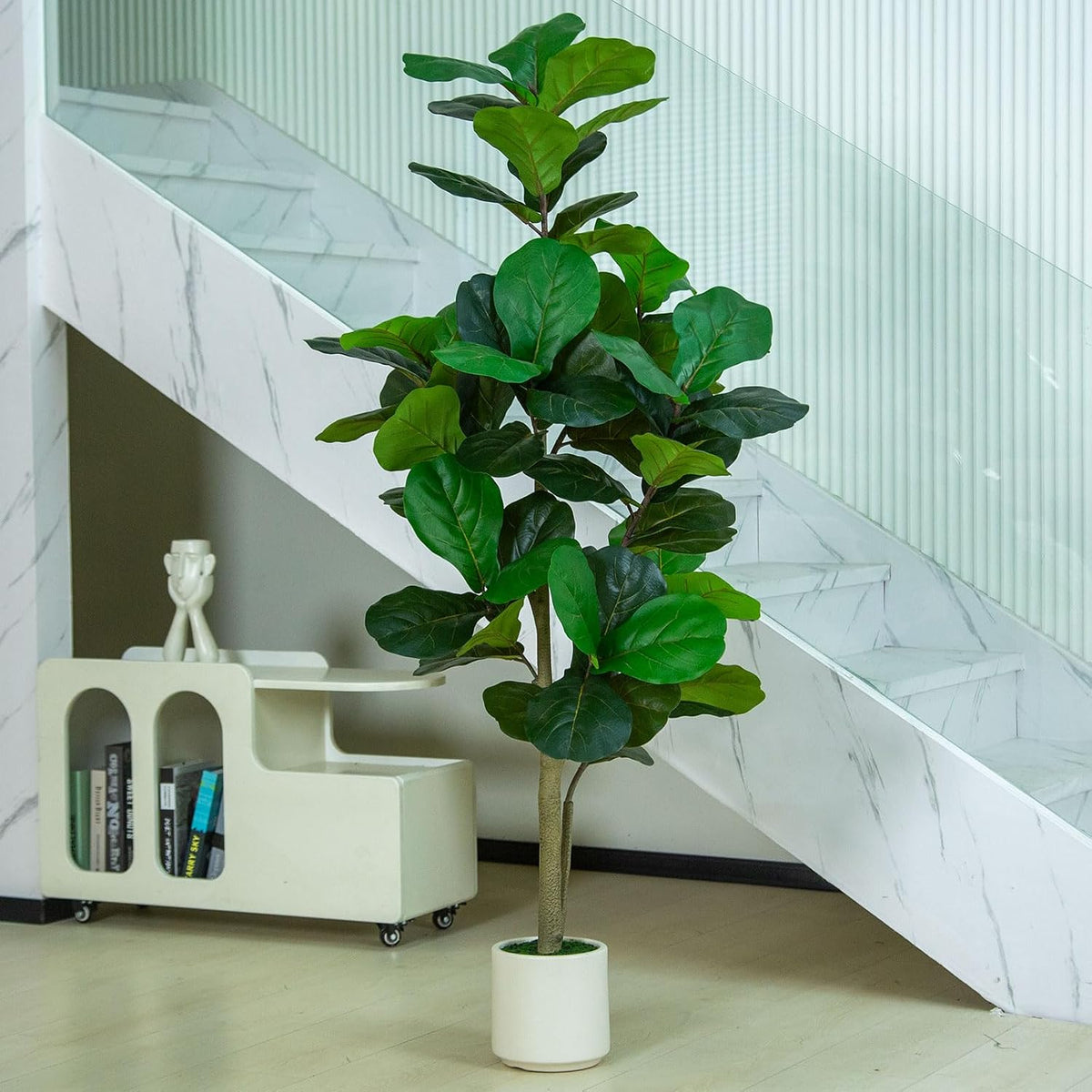 VIVATREES 6FT Fiddle Leaf Fig Artificial Tree with White Planter Pot,Faux Floor Plant, Indoor and Outdoor Fake Plants for Home Office Decor