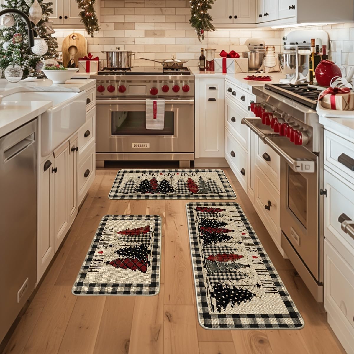 Artoid Mode Buffalo Plaid Christmas Kitchen Mats Set of 3 – Merry Christmas Winter Home Decor Rugs