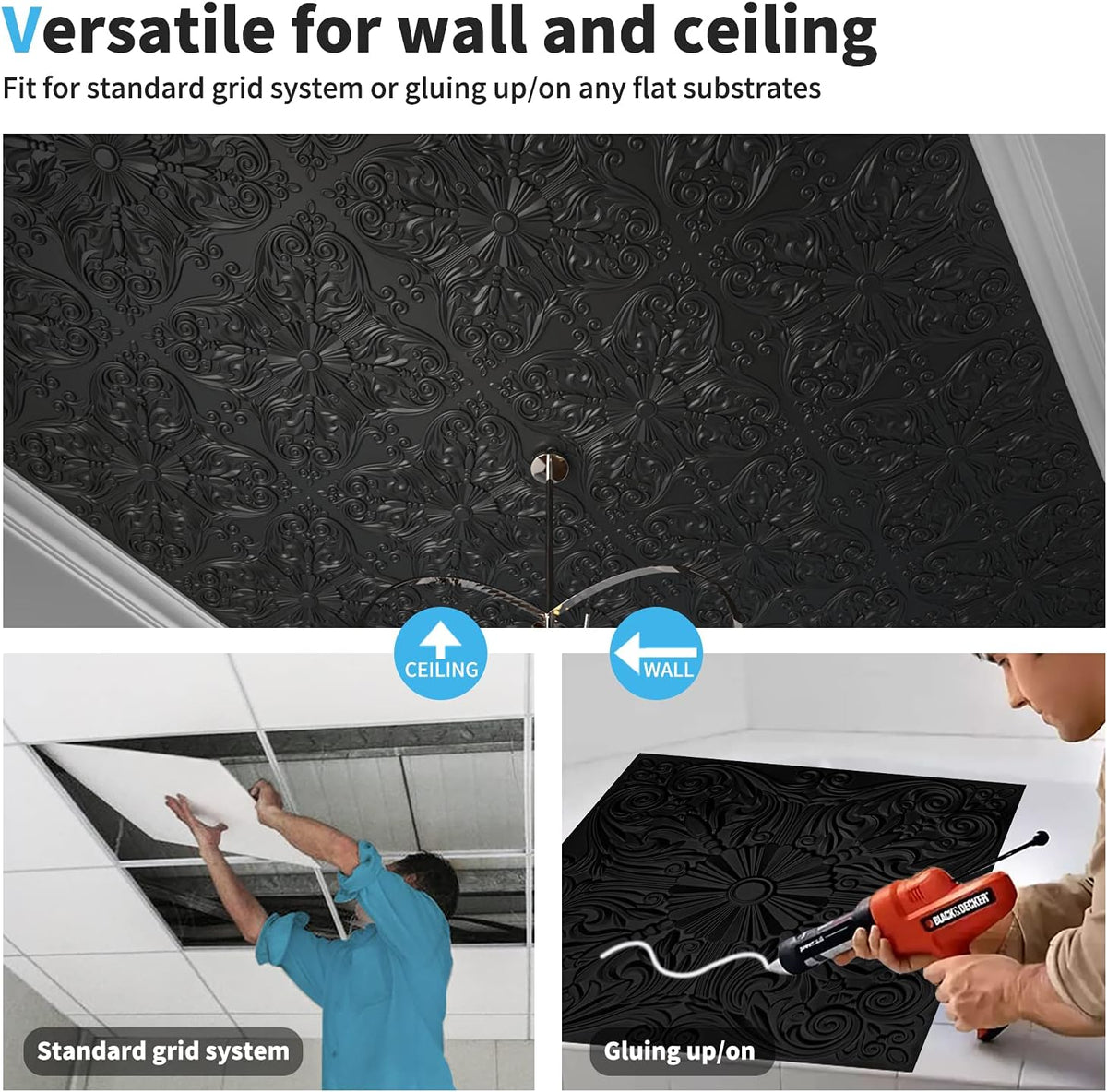 Art3d Spanish Floral Drop Ceiling Tiles, 24 x 24 in, 12-Pack, Black ( 12 pieces)