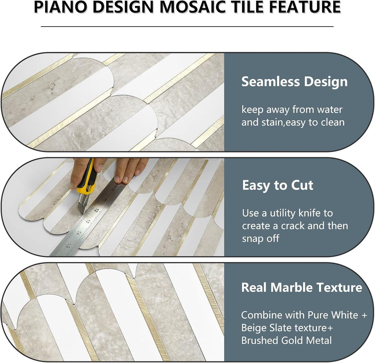 Vamos Peel and Stick Backsplash Tiles – White &amp; Beige Fish Scale PVC Mosaic (10 sheets )