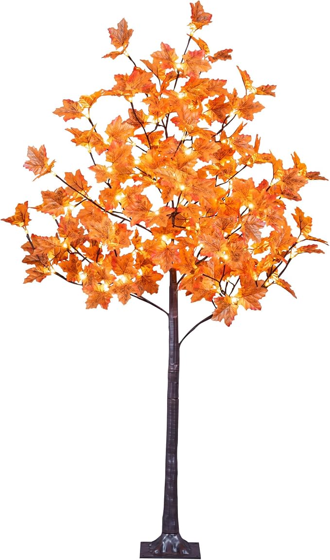 LIGHTSHARE 6FT 120LED Artificial Lighted Maple Tree Warm White Fall Decorations Indoor Ourdoor, Orange