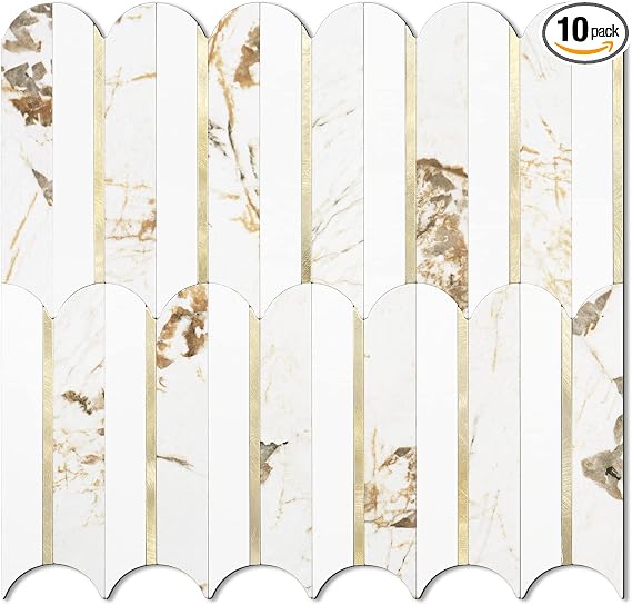 Vamos Peel and Stick Backsplash Tiles – White &amp; Beige Fish Scale PVC Mosaic (10 sheets )
