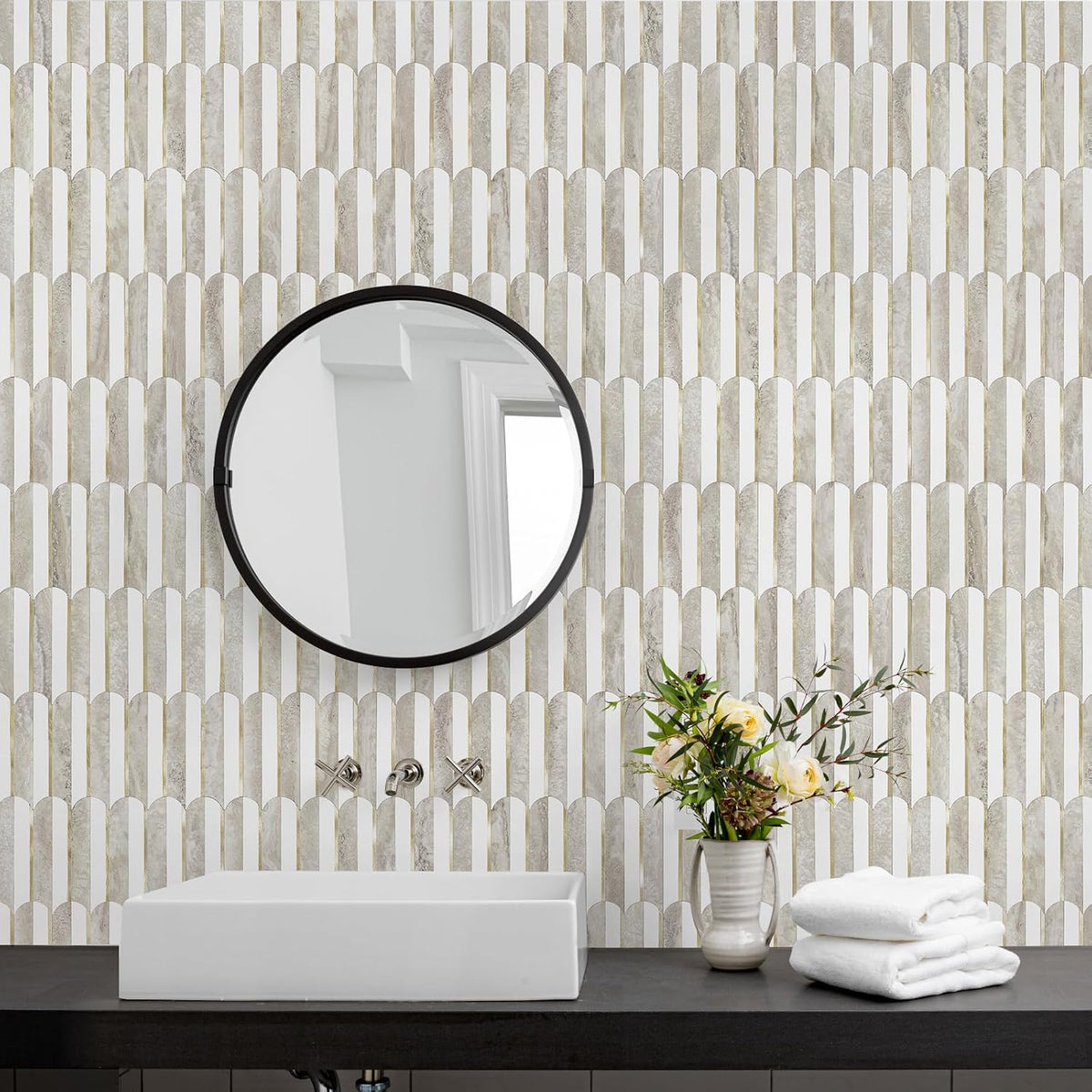 Vamos Peel and Stick Backsplash Tiles – White &amp; Beige Fish Scale PVC Mosaic (10 sheets )