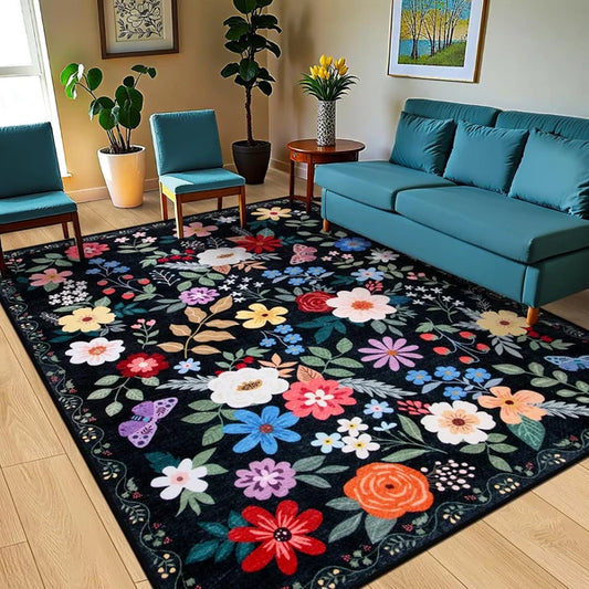 PLHXFR 8x10 Area Rug – Dark Green Vintage Floral Washable Boho Carpet