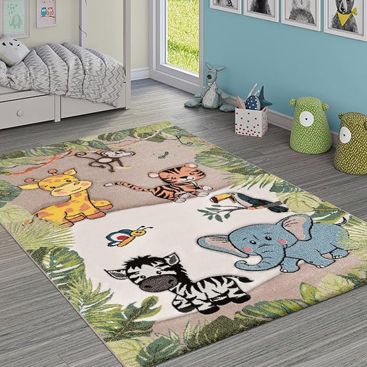 Paco Home Nursery Rug for Kids - Jungle Animals Giraffe Lion Monkey in Beige, Size:2'8" x 4'11"