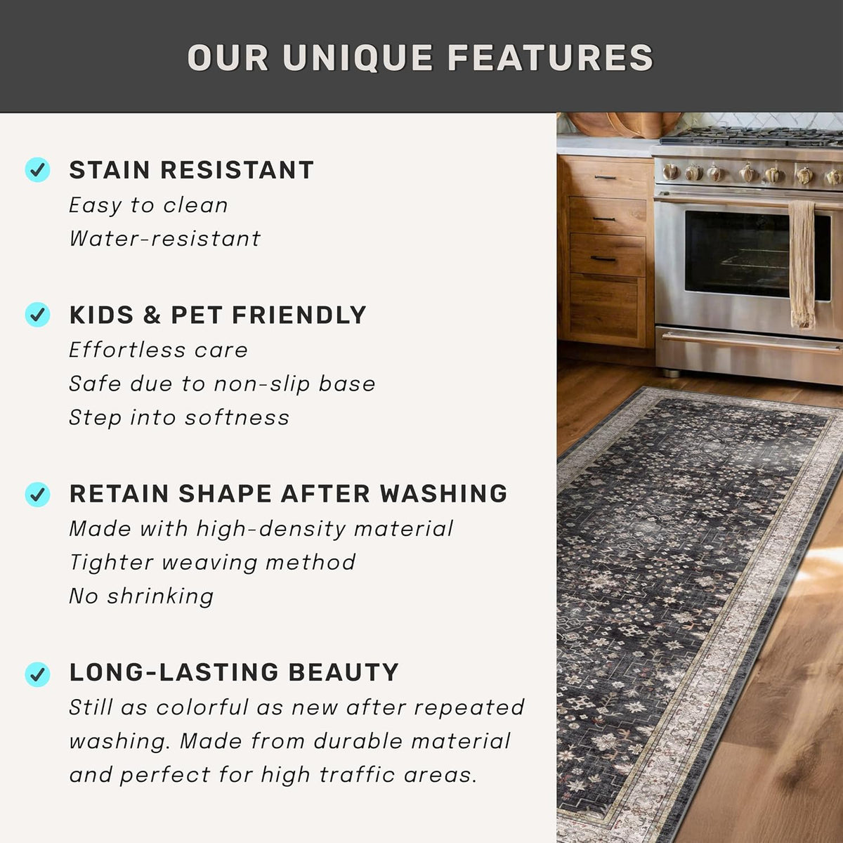 Black Farmhouse Washable 8x10 Area Rug – Large Charcoal Multi-Room Rug