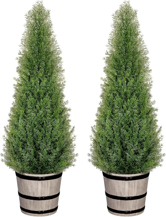 VIVATREES 4FT Artificial Cedar Topiary Trees with Rustic Barrel Planter, Outdoor Indoor Realistic Faux Pine Shrubs Plants, Fake Cypress Trees for Home Offices Porch Decor, Set of 2