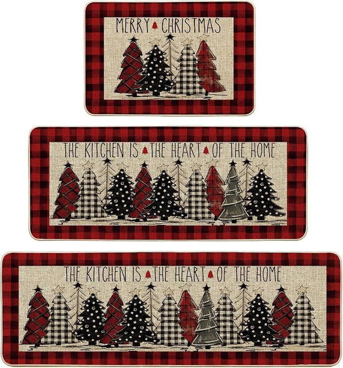 Artoid Mode Buffalo Plaid Christmas Kitchen Mats Set of 3 – Merry Christmas Winter Home Decor Rugs