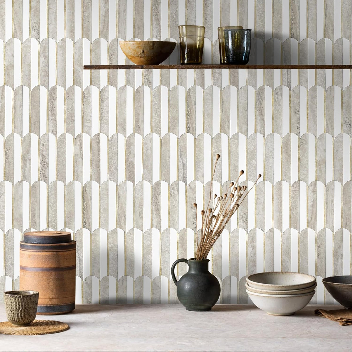Vamos Peel and Stick Backsplash Tiles – White &amp; Beige Fish Scale PVC Mosaic (10 sheets )