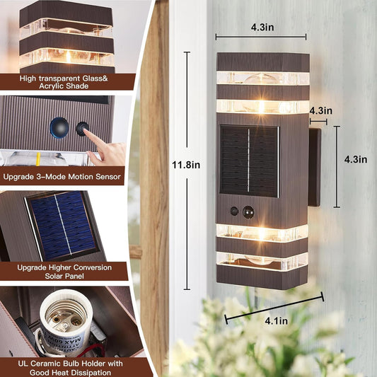 Oil Rubbed Bronze Solar Outdoor Wall Lights with 3-Mode Motion Sensor Outside Sconces Up Down Solar Porch Light Fixtures 3000K 500LM Dusk to Dawn Modern Exterior Wall Lamp for House Garage Front Door