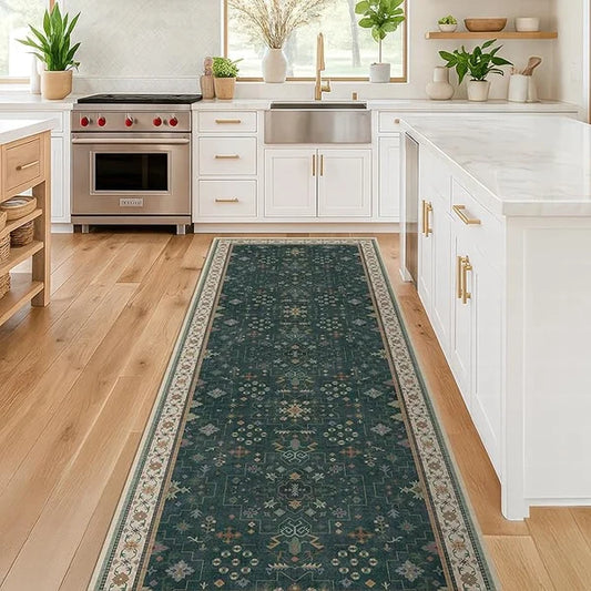 Dark Green 2x6 Kitchen Runner Rug – Modern Vintage Boho Floral Washable Non-Slip Area Rug