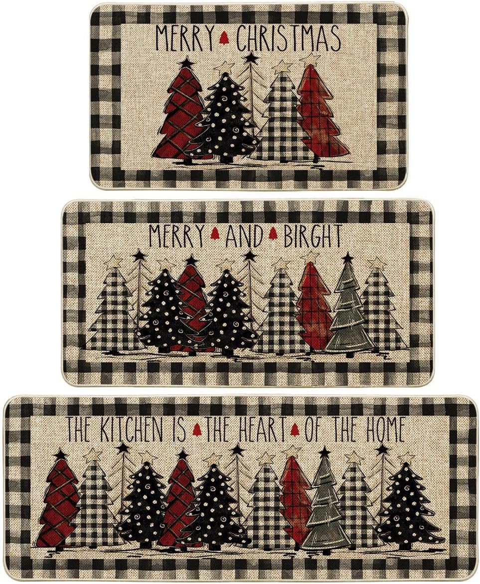 Artoid Mode Buffalo Plaid Christmas Kitchen Mats Set of 3 – Merry Christmas Winter Home Decor Rugs