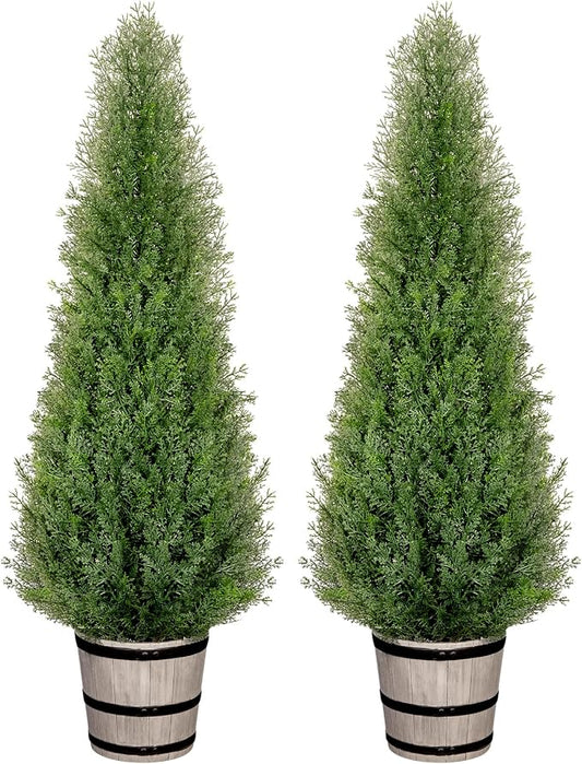 VIVATREES 4FT Artificial Cedar Topiary Trees with Rustic Barrel Planter, Outdoor Indoor Realistic Faux Pine Shrubs Plants, Fake Cypress Trees for Home Offices Porch Decor, Set of 2