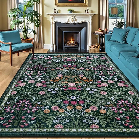 PLHXFR 8x10 Area Rug – Dark Green Vintage Floral Washable Boho Carpet