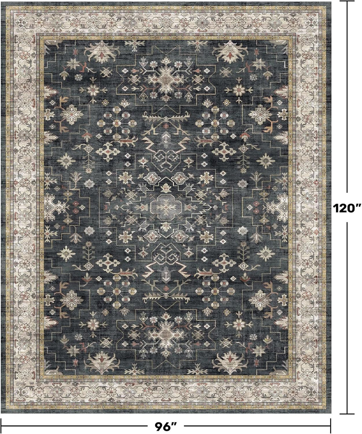 Black Farmhouse Washable 8x10 Area Rug – Large Charcoal Multi-Room Rug
