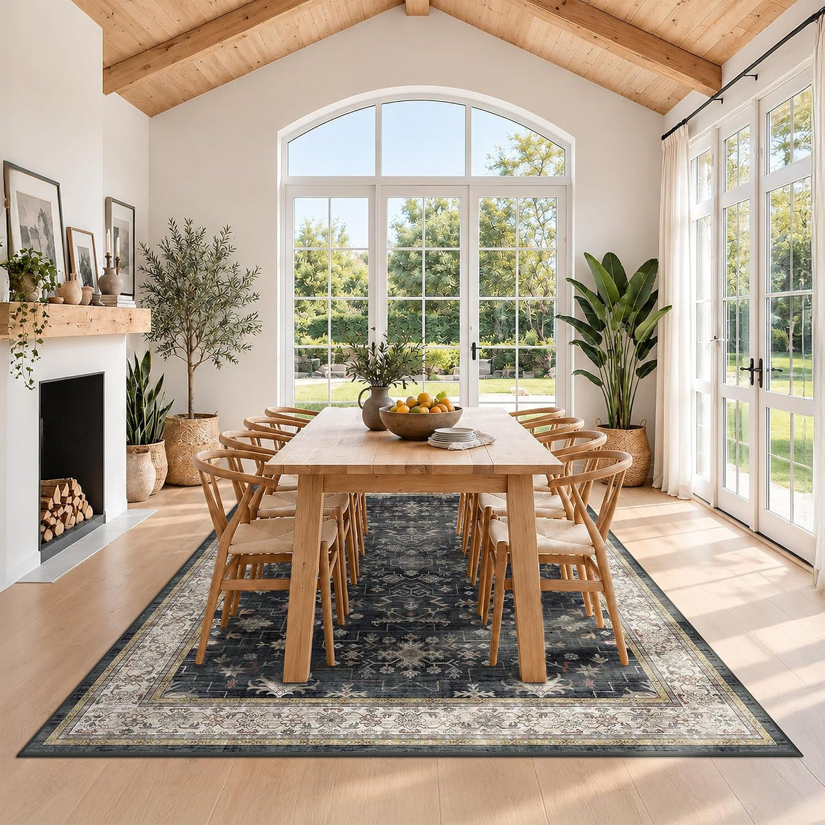 Black Farmhouse Washable 8x10 Area Rug – Large Charcoal Multi-Room Rug