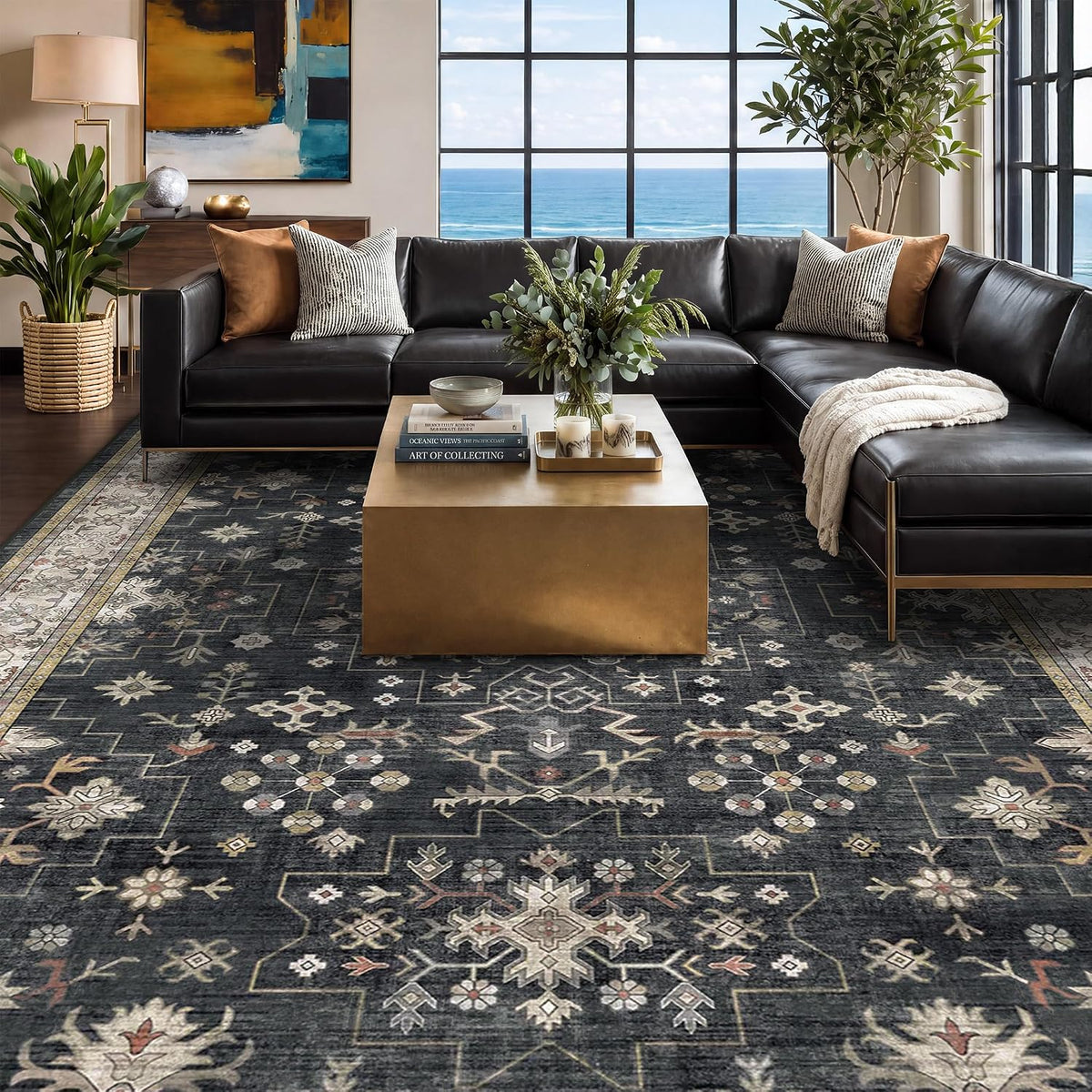 Black Farmhouse Washable 8x10 Area Rug – Large Charcoal Multi-Room Rug