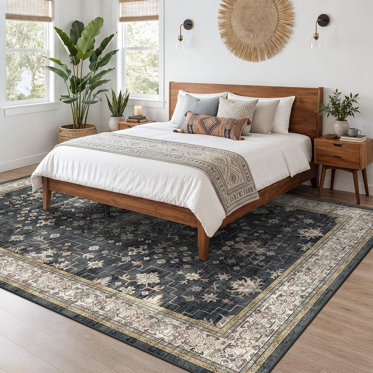 Black Farmhouse Washable 8x10 Area Rug – Large Charcoal Multi-Room Rug