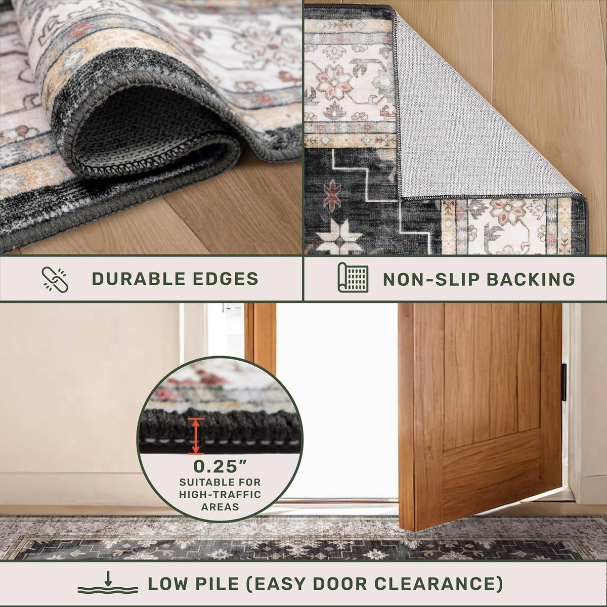 Black Farmhouse Washable 8x10 Area Rug – Large Charcoal Multi-Room Rug