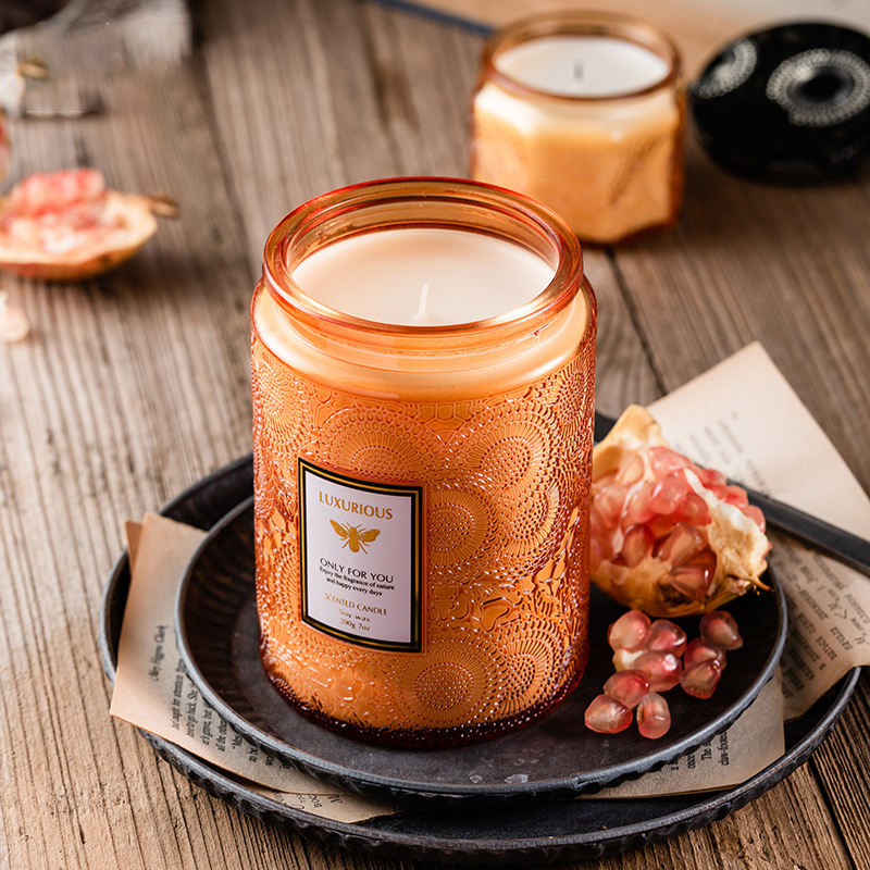 400g Multi-Color Luxury Decorative Scented Candle in Embossed Glass Jar with Metal Lid