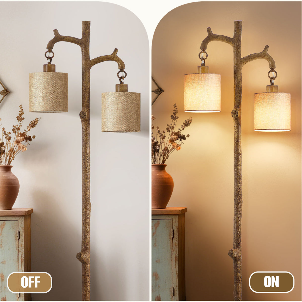 Farmhouse Linen Fabric Standing Floor Lamp – Adjustable Tripod LED Floor Light with E26 Base