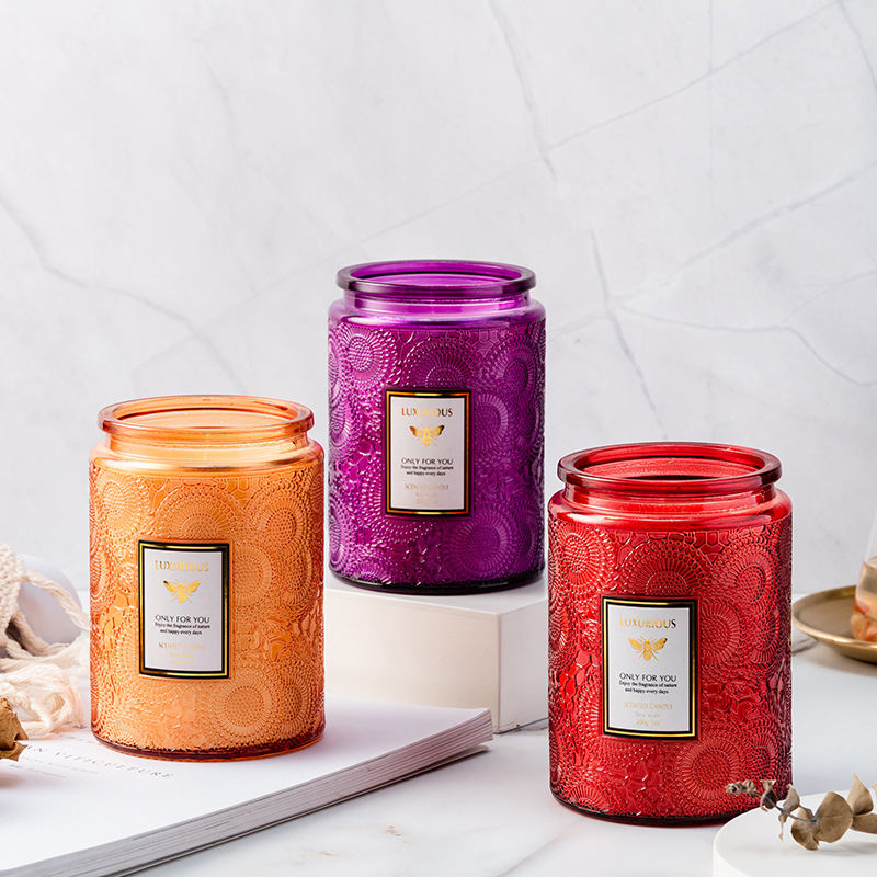 400g Multi-Color Luxury Decorative Scented Candle in Embossed Glass Jar with Metal Lid