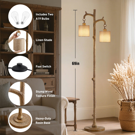 Farmhouse Linen Fabric Standing Floor Lamp – Adjustable Tripod LED Floor Light with E26 Base