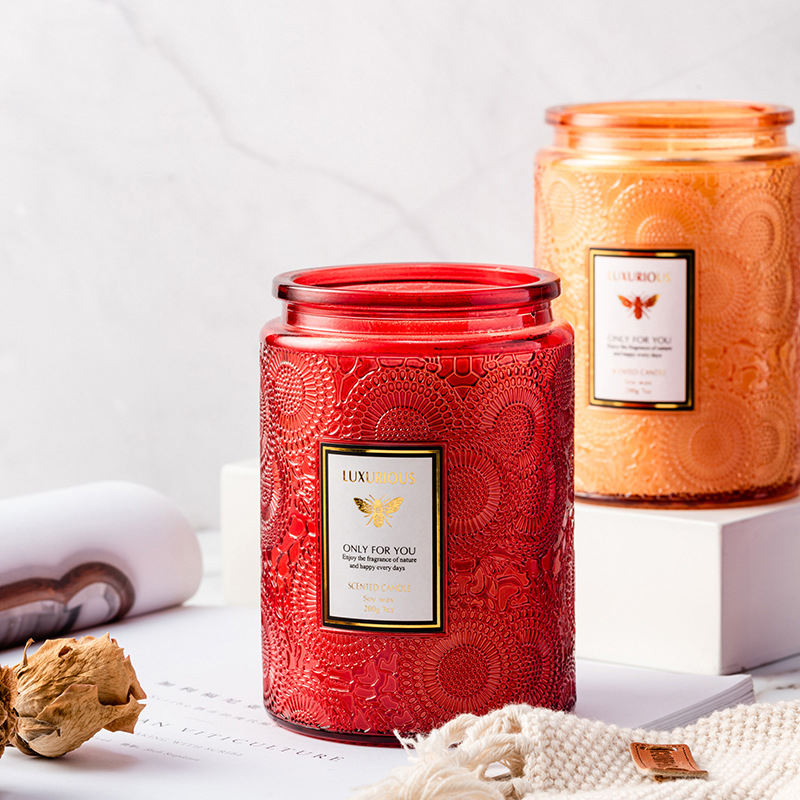 400g Multi-Color Luxury Decorative Scented Candle in Embossed Glass Jar with Metal Lid