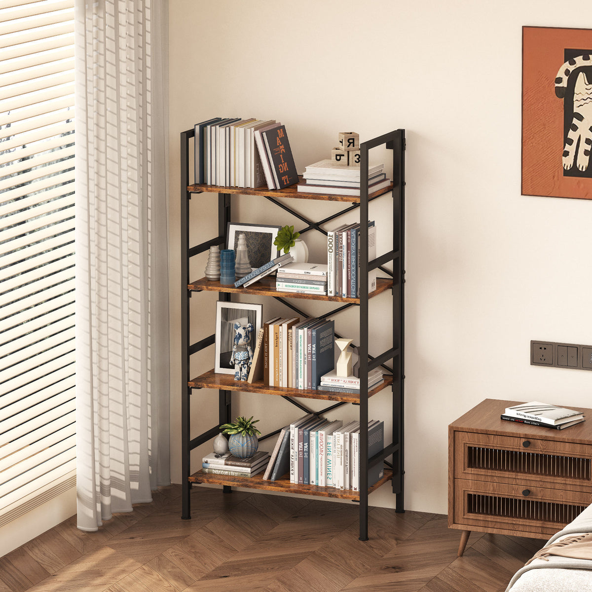 Folding 4-Tier Steel & Wood Bookshelf – Modern Space-Saving Storage