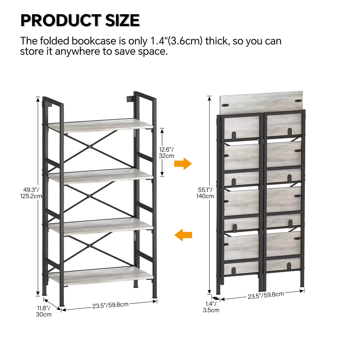 Folding 4-Tier Steel & Wood Bookshelf – Modern Space-Saving Storage