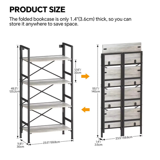 Folding 4-Tier Steel & Wood Bookshelf – Modern Space-Saving Storage