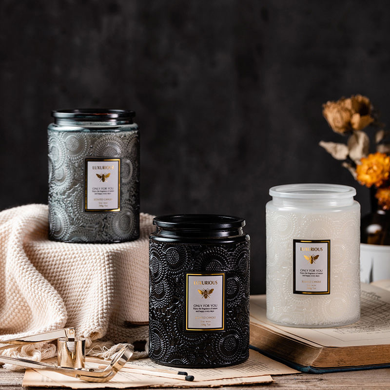 400g Multi-Color Luxury Decorative Scented Candle in Embossed Glass Jar with Metal Lid