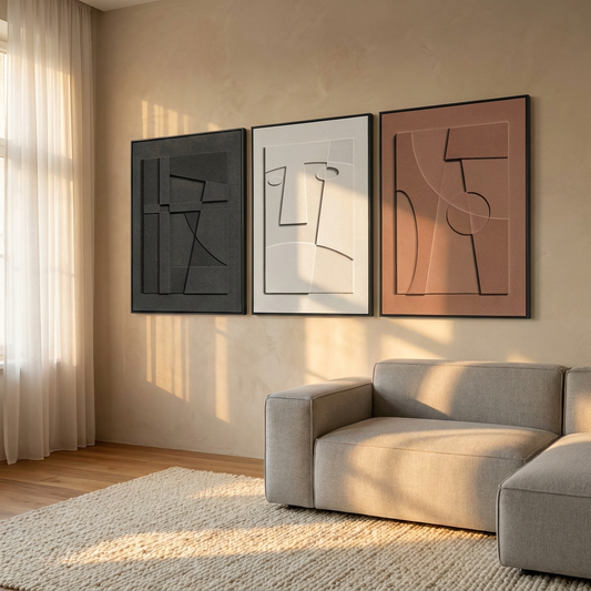 3D Textured Framed Traditional Handcrafted Abstract 3-Piece Wooden Wall Art Set