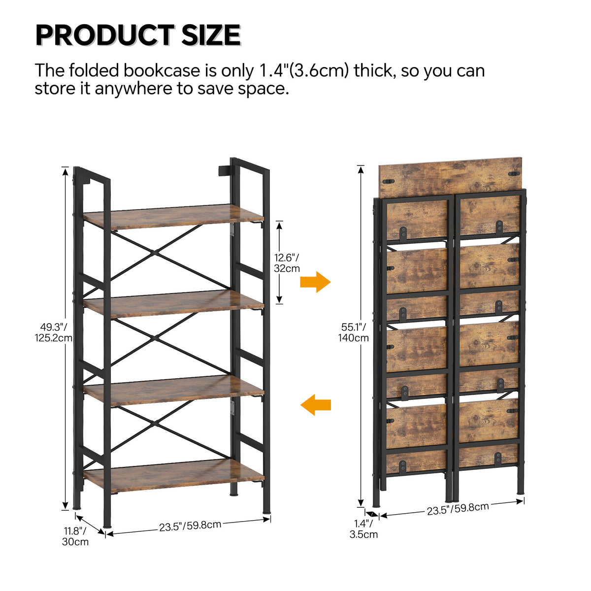 Folding 4-Tier Steel & Wood Bookshelf – Modern Space-Saving Storage