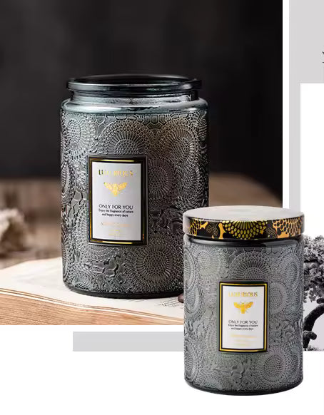 400g Multi-Color Luxury Decorative Scented Candle in Embossed Glass Jar with Metal Lid