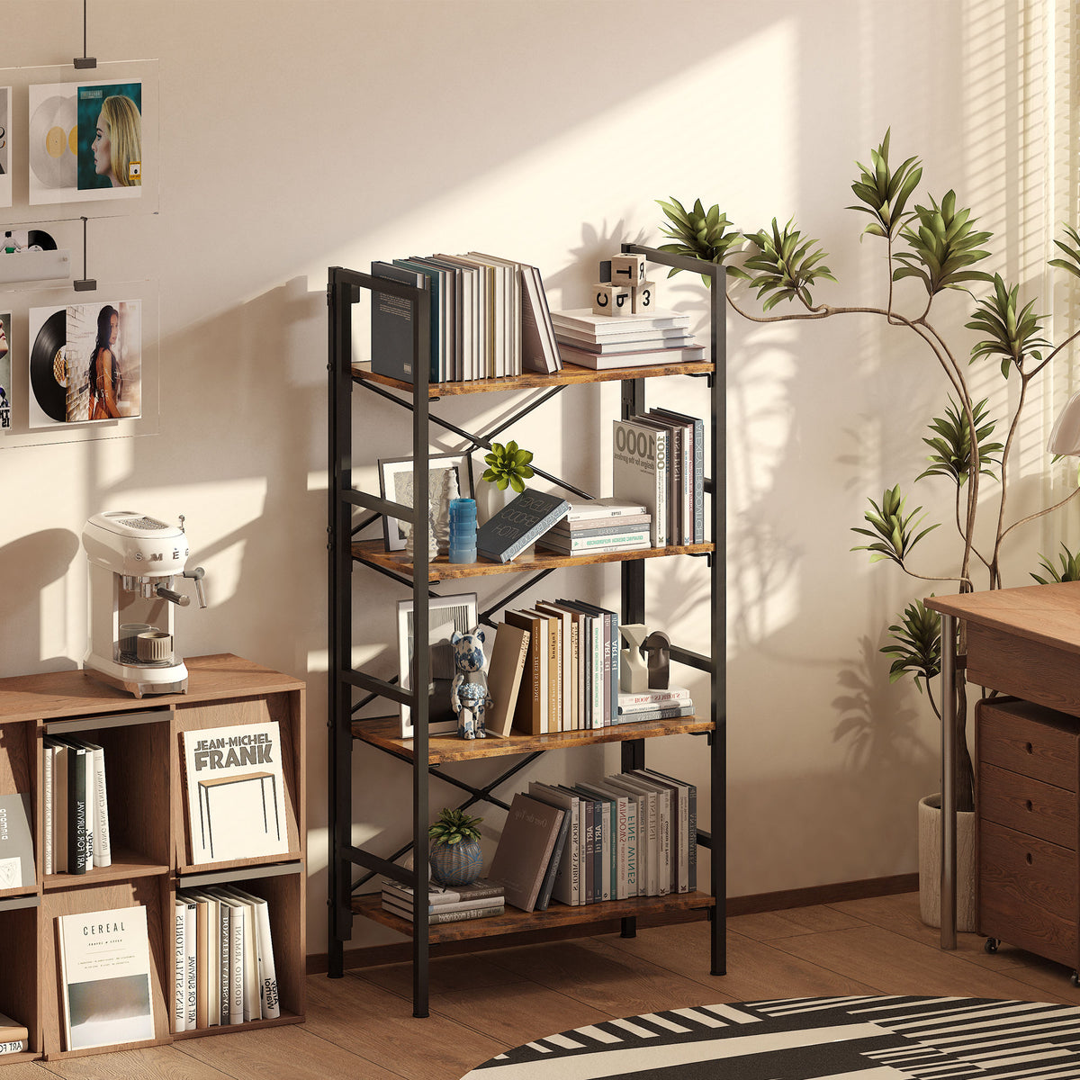 Folding 4-Tier Steel & Wood Bookshelf – Modern Space-Saving Storage